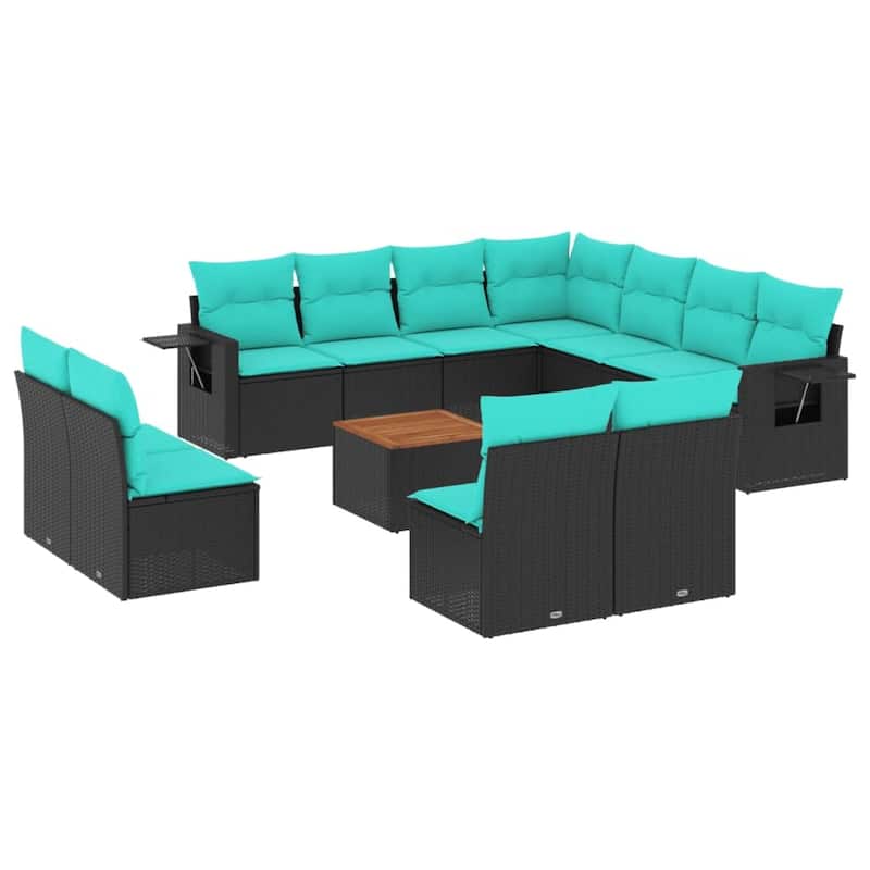 vidaXL 12 Piece Patio Sofa Set with Cushions Black Poly Rattan - 24.4x24.4x27.2