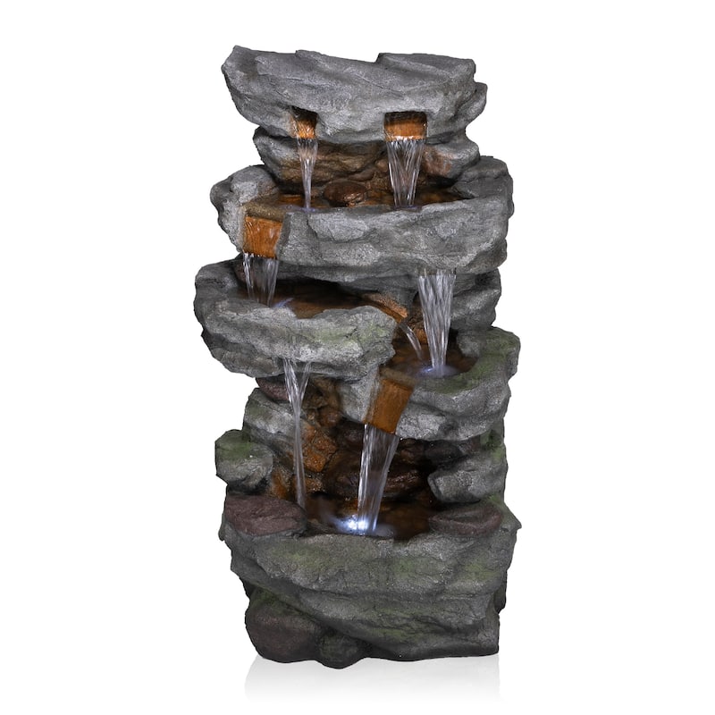 Alpine Corporation 39" Tall Outdoor Cascading Stone Water Fountain with LED Lights