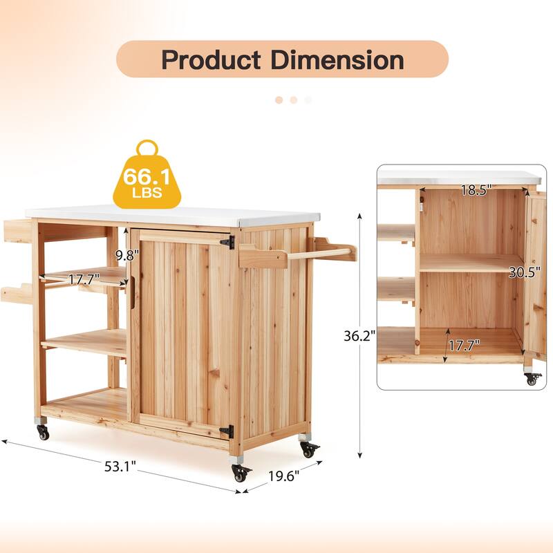 EROMMY Outdoor Kitchen Island on Wheels, Solid Cedar Wood Grill Cart with 201 Stainless Steel Top & 3‑Tier Storage - Wood Color