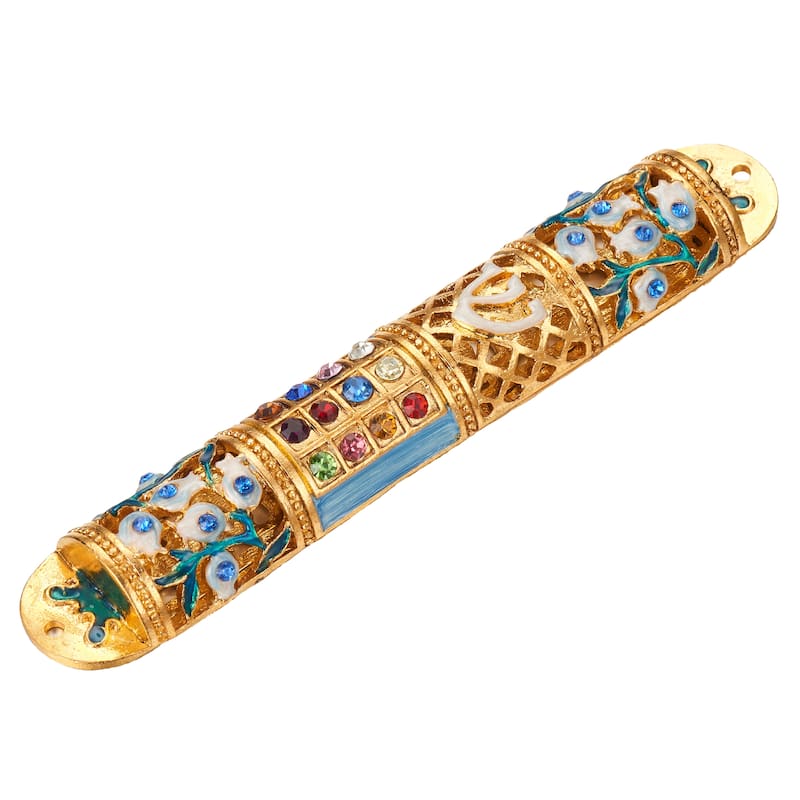 Matashi Hand Painted 6" Enamel Mezuzah Embellished with Multi Colored Crystals with Gold Accents and High Quality Crystals