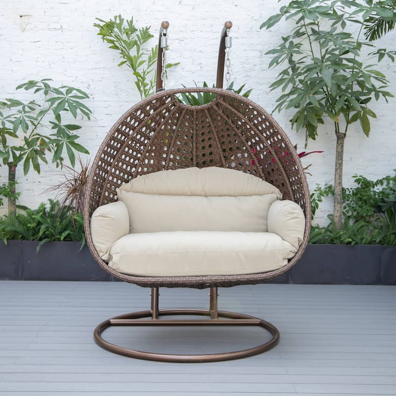 LeisureMod Mendoza Dark Brown 2 Seater Wicker Patio Hanging Double Swing Chair for Patio Porch Backyard Garden - 53"