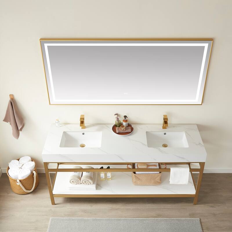 Funes 72" Double Vanity, Metal Support with Stone Top and Mirror - 72''x22''