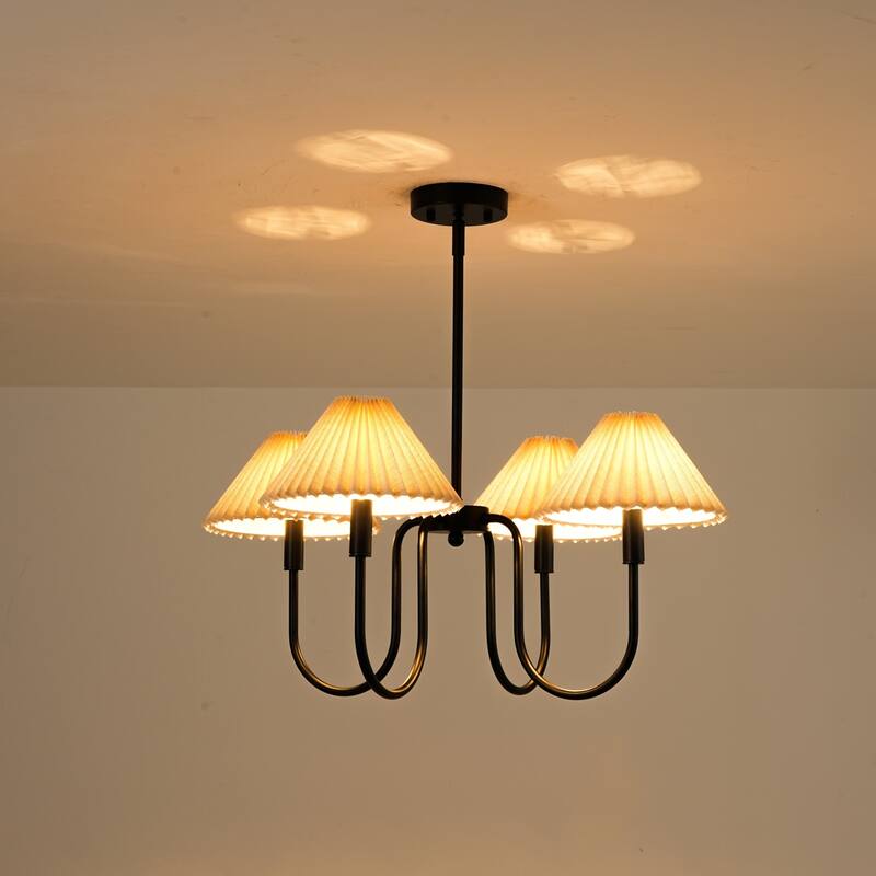 4-Light Mid-Century Modern Chandelier in Brushed Gold/Matte Black Chandelier with Pleated Shades for Living Room