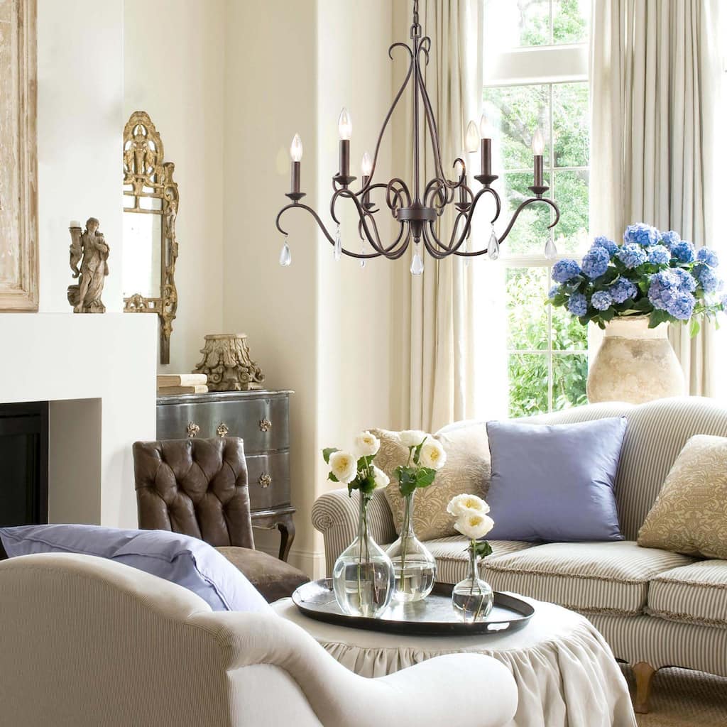 Farmhouse Classic 6-Light Candlestick Chandelier with Crystal Drop for Dining Room