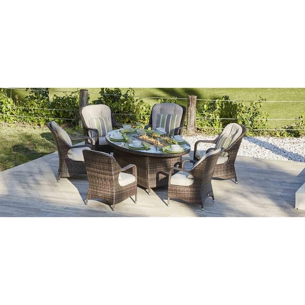 Eton 7 Piece Wicker Patio Furniture Dining Set Gas Fire Pit Dining