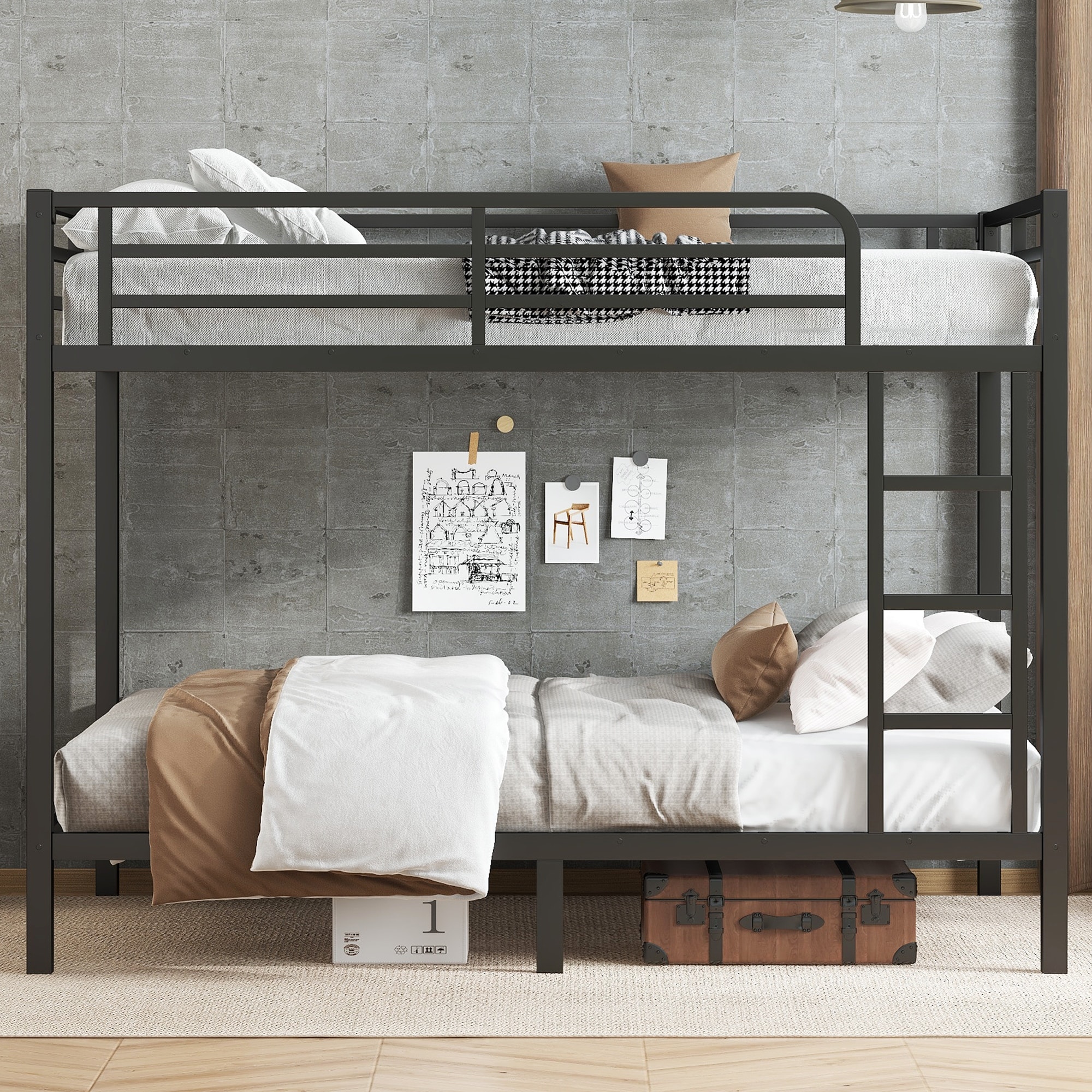 Full XL Over Full XL Metal Bunk Bed with Guardrail and Under-Bed Storage, Heavy-Duty Steel Bed Frame with Noise-Free Slats
