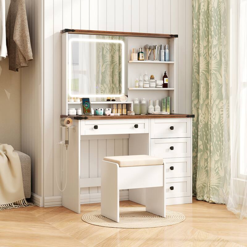 Gymax Farmhouse Vanity Set w/ Mirror and Lights Dressing Table & Chair