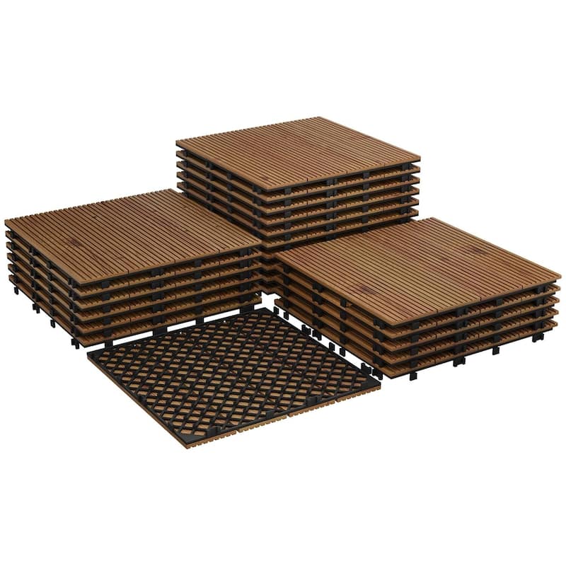 Acacia Wood Deck Tiles, 12"X12", Interlocking - Brown Wood - 22pcs