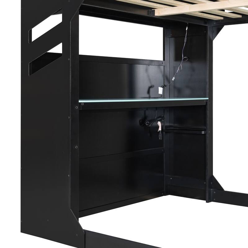 Full Size Gaming Loft Bed with RGB Lights, Wooden High Loft Bed Frame with Adjustable Desk, Hanging Rod and Storage