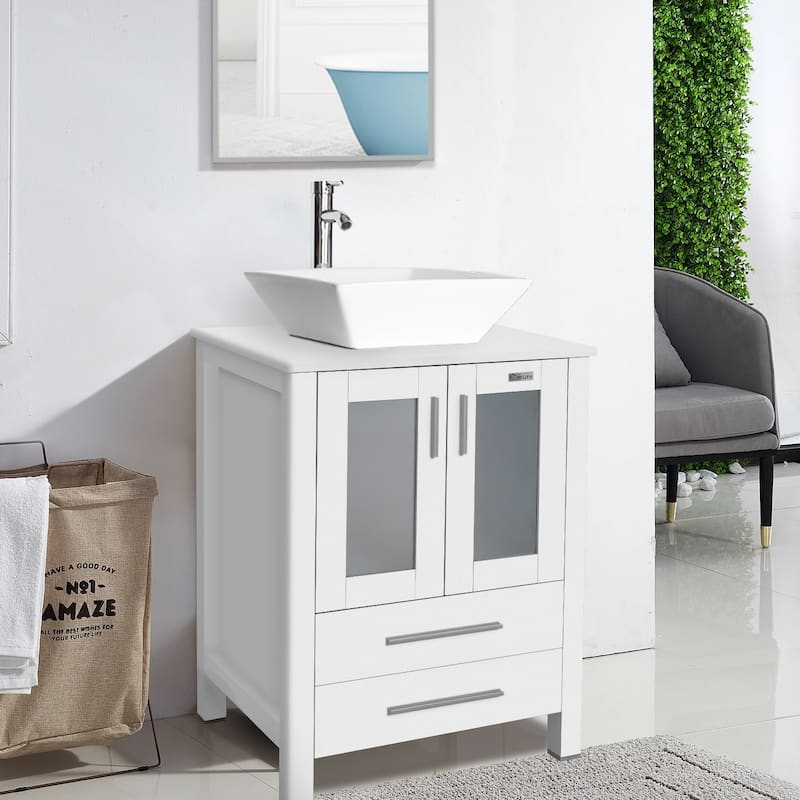 24" Bathroom Vanity White Set Glass/ Ceramic Vessel Sink Cabinet Faucet Drain Free Standing Combo
