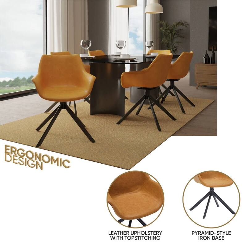Markley Leather Swivel Dining Armchair with Black Iron Base - Accent Dining Chair for Kitchen and Dining Room Set of 4