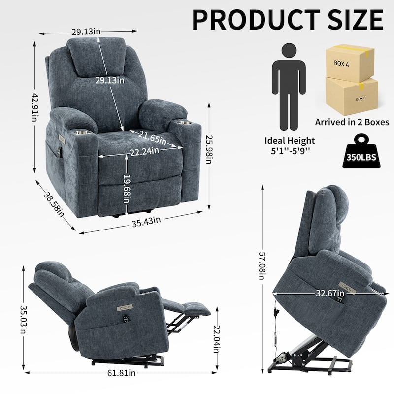 Lazy Boy Large Chenille Power Lift Recliner Chair with Massage and Lumbar Heating, USB and Type-C Ports & Cup Holders