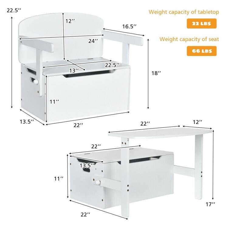 3-in-1 Kids Convertible Storage Bench Wood Activity Table and Chair Set - Chair: 24" x 16.5" x 22.5"