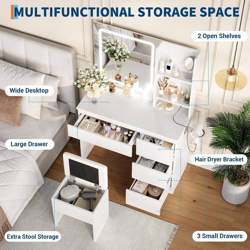 Vanity Desk with LED Mirror, Charging Ports, Storage Stool, Drawers, Hair Dryer Holder