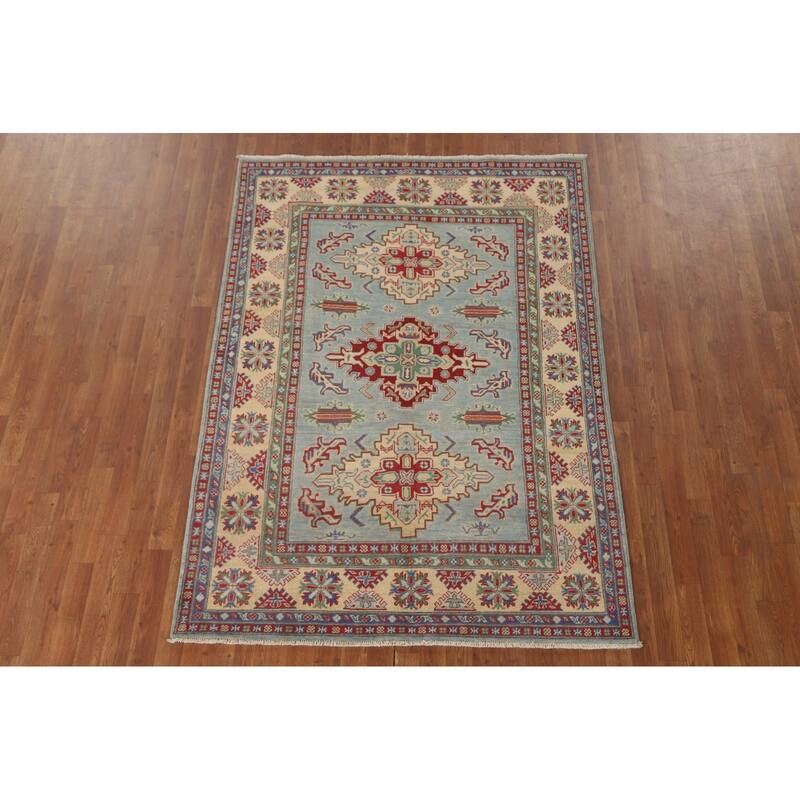 Light Blue Geometric Kazak Area Rug Handmade Wool Carpet - 4'11" x 6'10"