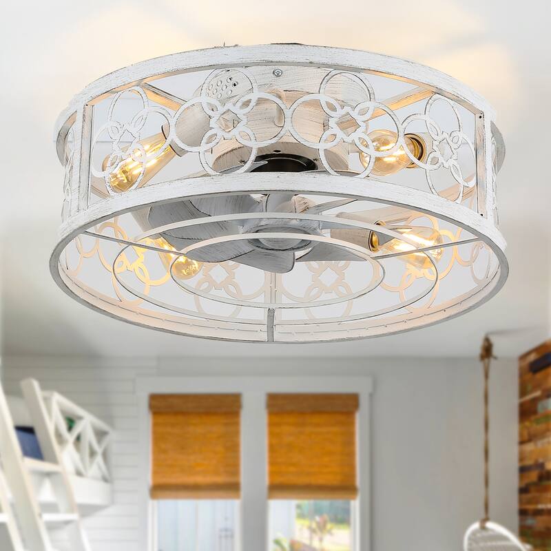 20" Flush Mount Caged Ceiling Fan with Light and Remote, Distressed White Metal 3-Speed Reversible Dc Motor