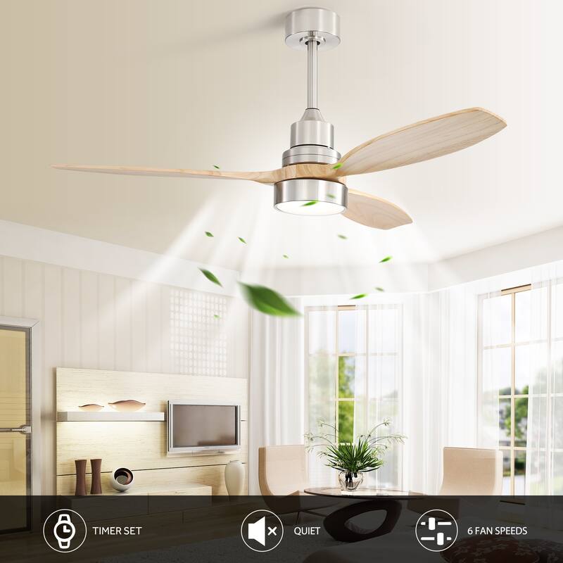 52 inch Wood Ceiling Fan with Light and Remote, Dimmable LED and Reversible DC Motor