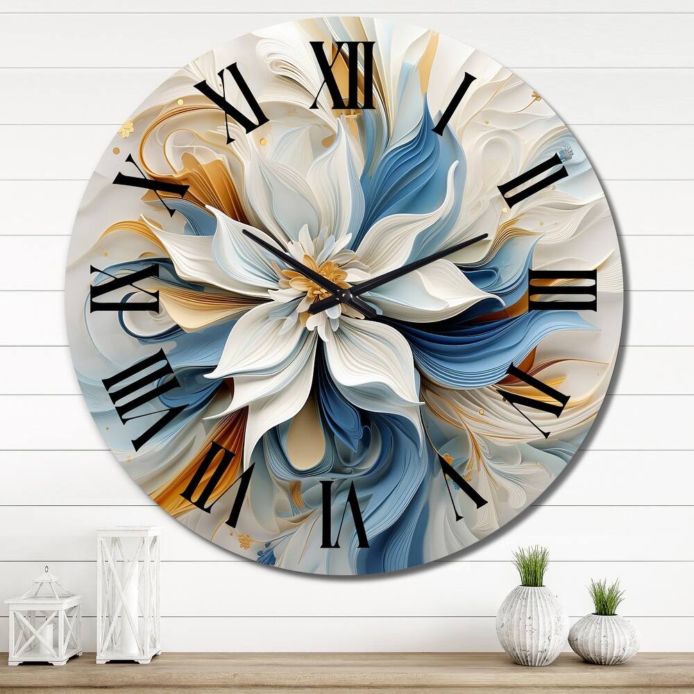 Designart "Abstract Blooming Magnolia White Amber Blue" Flowers Oversized Wall Clock