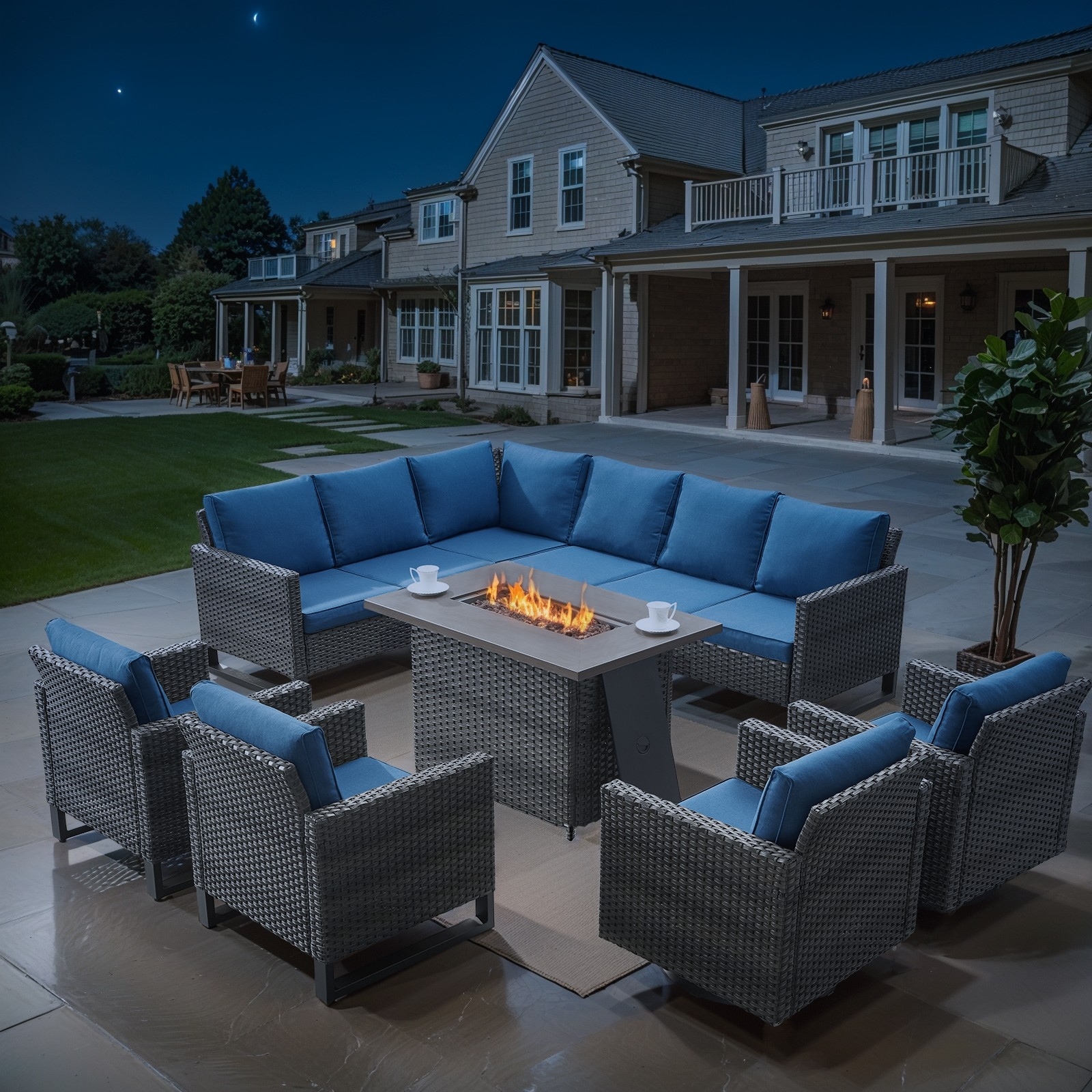 Patio Sofa Chairs Set with Fire Pit Table - Blue cushion - Grey