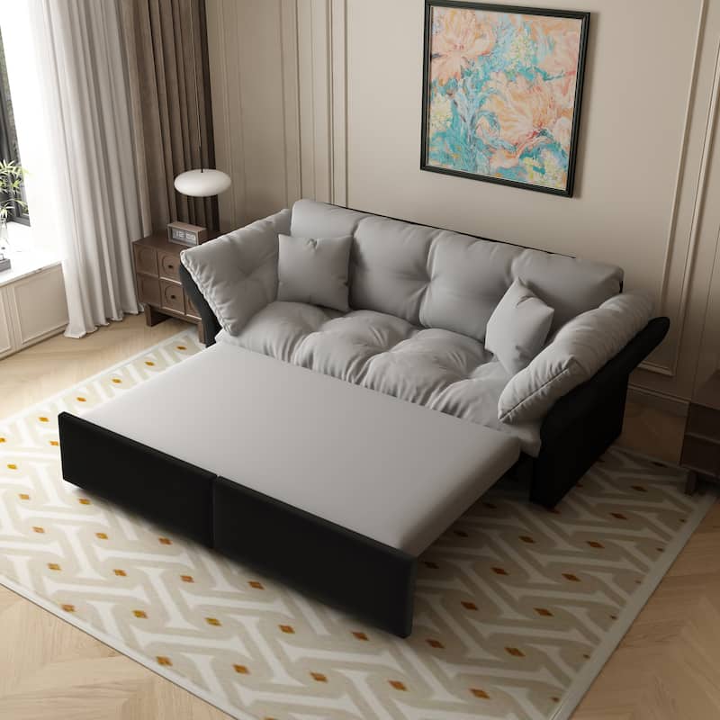 74.8" Queen Pull Velvet Out Sofa Bed, 3-in-1 Convertible Sleeper Tufted Sofa with 2 Soft Pillows-Grey