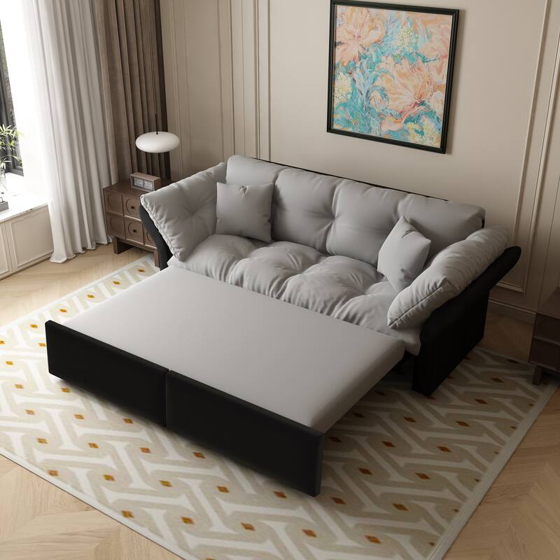 74.8" Queen Sleeper Sofa - 3-in-1 Tufted Velvet Loveseat with Pull-Out Bed & 2 Pillows, Multi-Functional