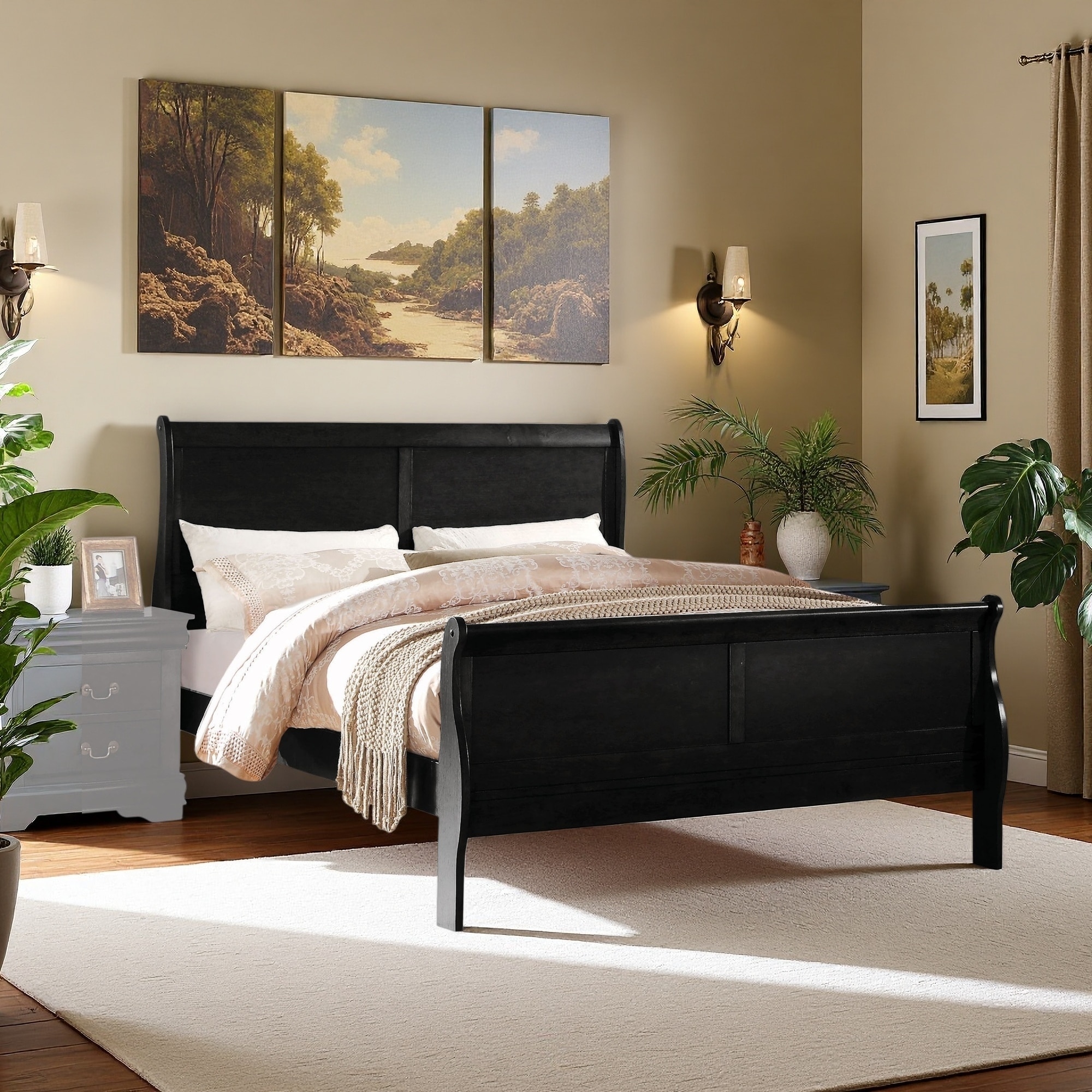 Wood Sleigh Bed with Casegood Drawer and Brushed Nickel Hardware