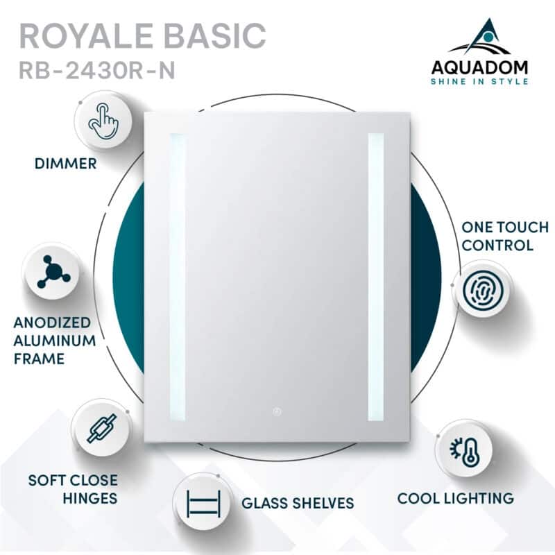 AQUADOM Royal Basic LED Medicine Cabinet, Defogger, 3X Vertically Adjustable Magnifying Mirror - 24"x30"x5"Right/Hinge