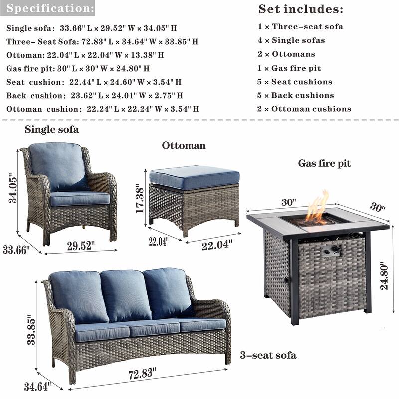 OVIOS Grey Wicker 8-piece Patio Furniture Set With Fire Pit