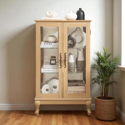 Elegant Curio Cabinet with LED Light, Tempered Glass Doors, Adjustable Shelves & Mirrored Back - Antique Display Storage