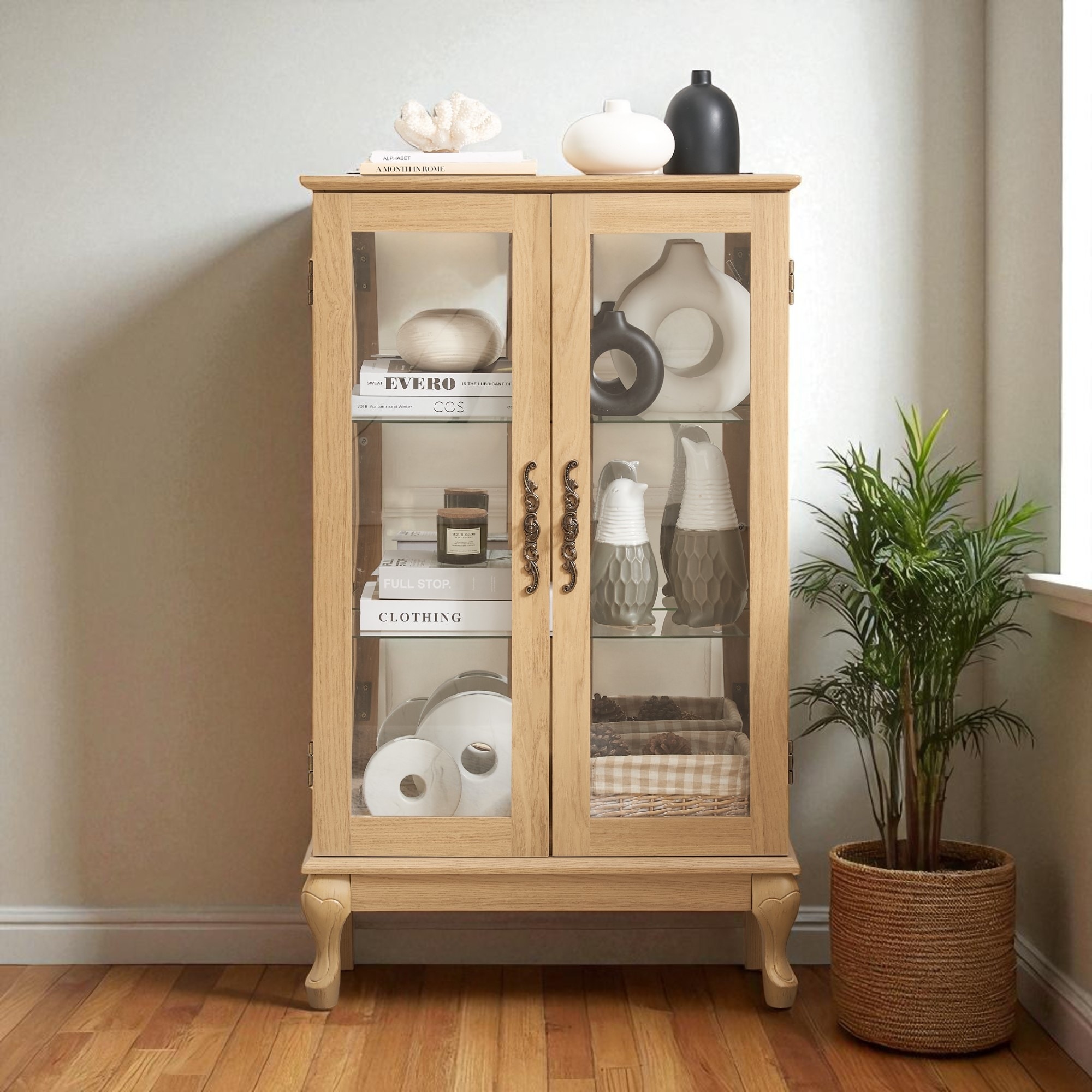Elegant Curio Cabinet with LED Light, Tempered Glass Doors, Adjustable Shelves & Mirrored Back - Antique Display Storage