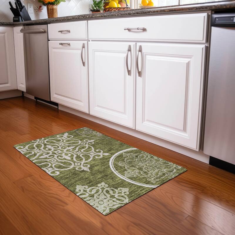 Premium Washable Super Soft Transitional Scroll Mayfield Rug - Olive - 1'8" x 2'6"