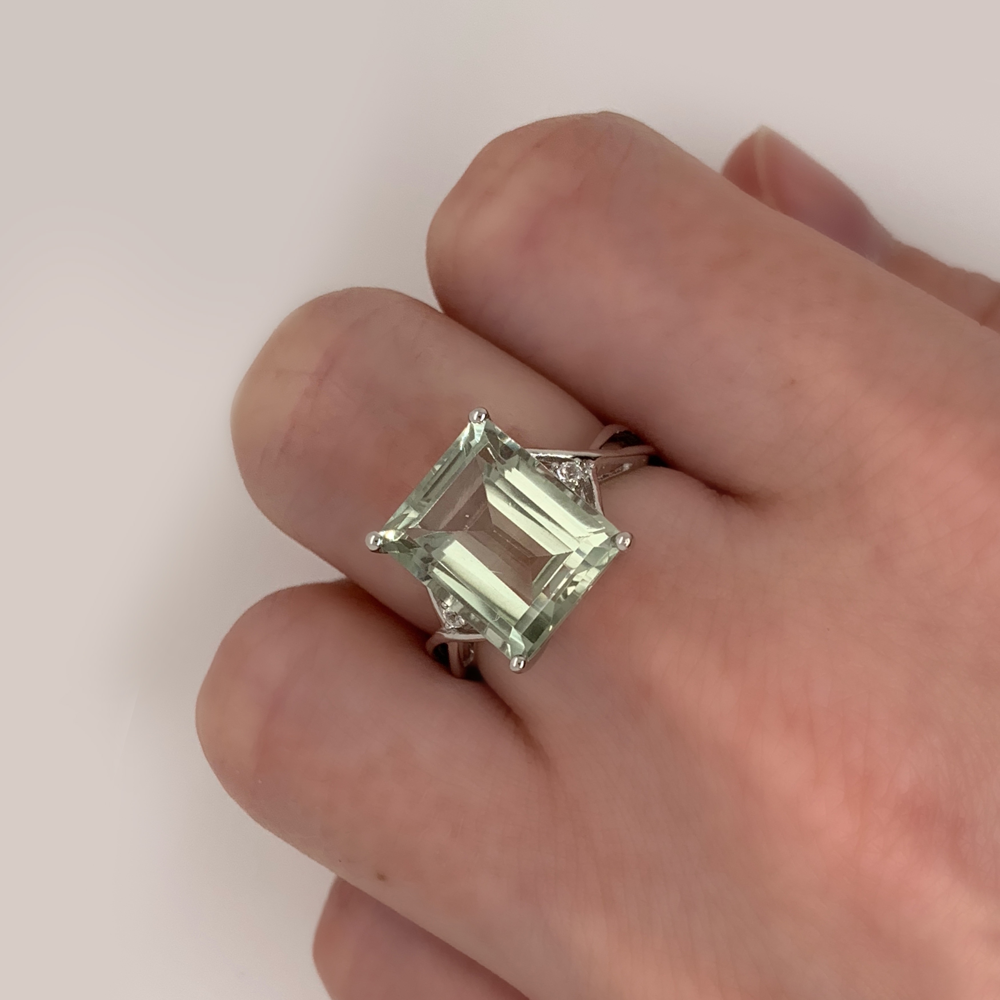 5.80 Carat Genuine Green Amethyst and White Topaz .925 Sterling Silver Ring