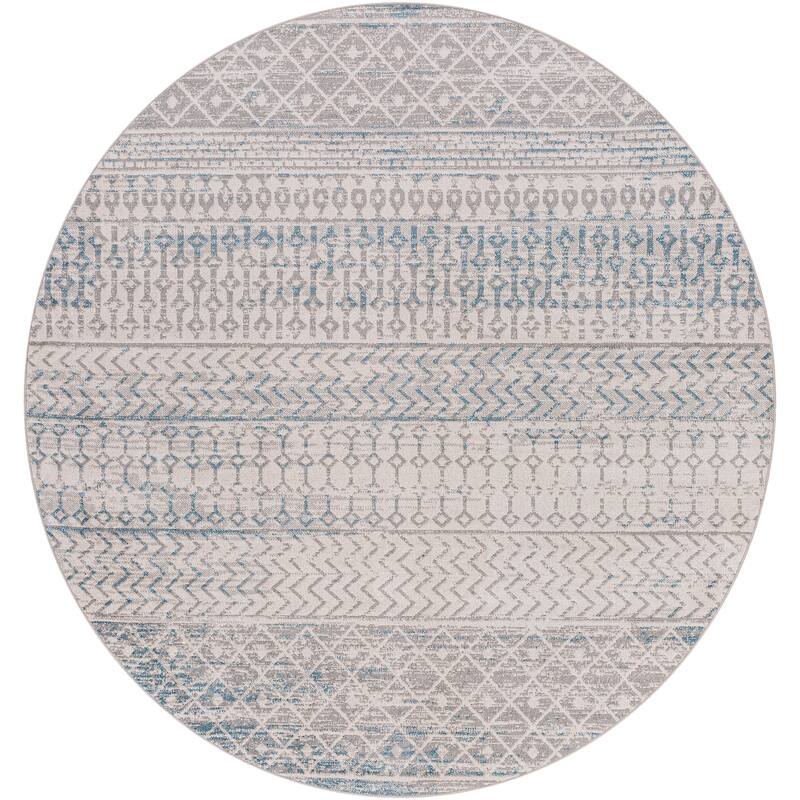 Livabliss Selene Global Boho Machine Washable Area Rug - Grey/Blue - 6'7" Round