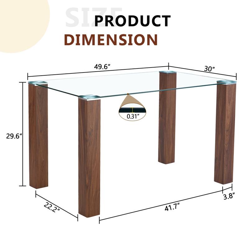 Roomfitters Glass Dining Table with 49.6 Inch Tempered Top and Walnut MDF Legs for Modern Home Interiors