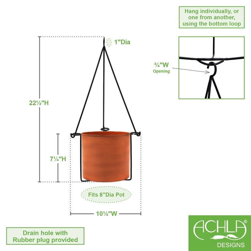 Achla Designs 22.5"H Black Wrought Iron Indoor Outdoor Vera Hanging Planter w/Cylindrical Burnt Sienna Galvanized Steel Pot