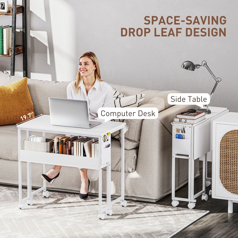 HOMCOM Small Folding Desk, Rolling Computer Desk Foldable with Storage Bag and Shelf, 31.5" Portable Writing Table on Wheels