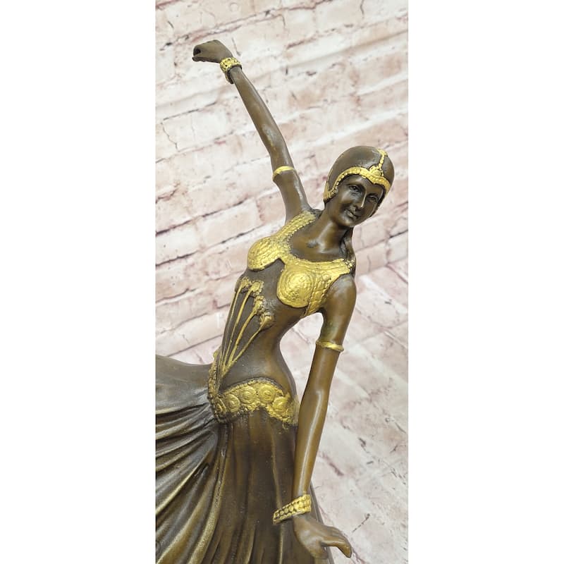 Chiparus Fan Dress Dancer Girl Art Deco Bronze Sculpture On Marble Base