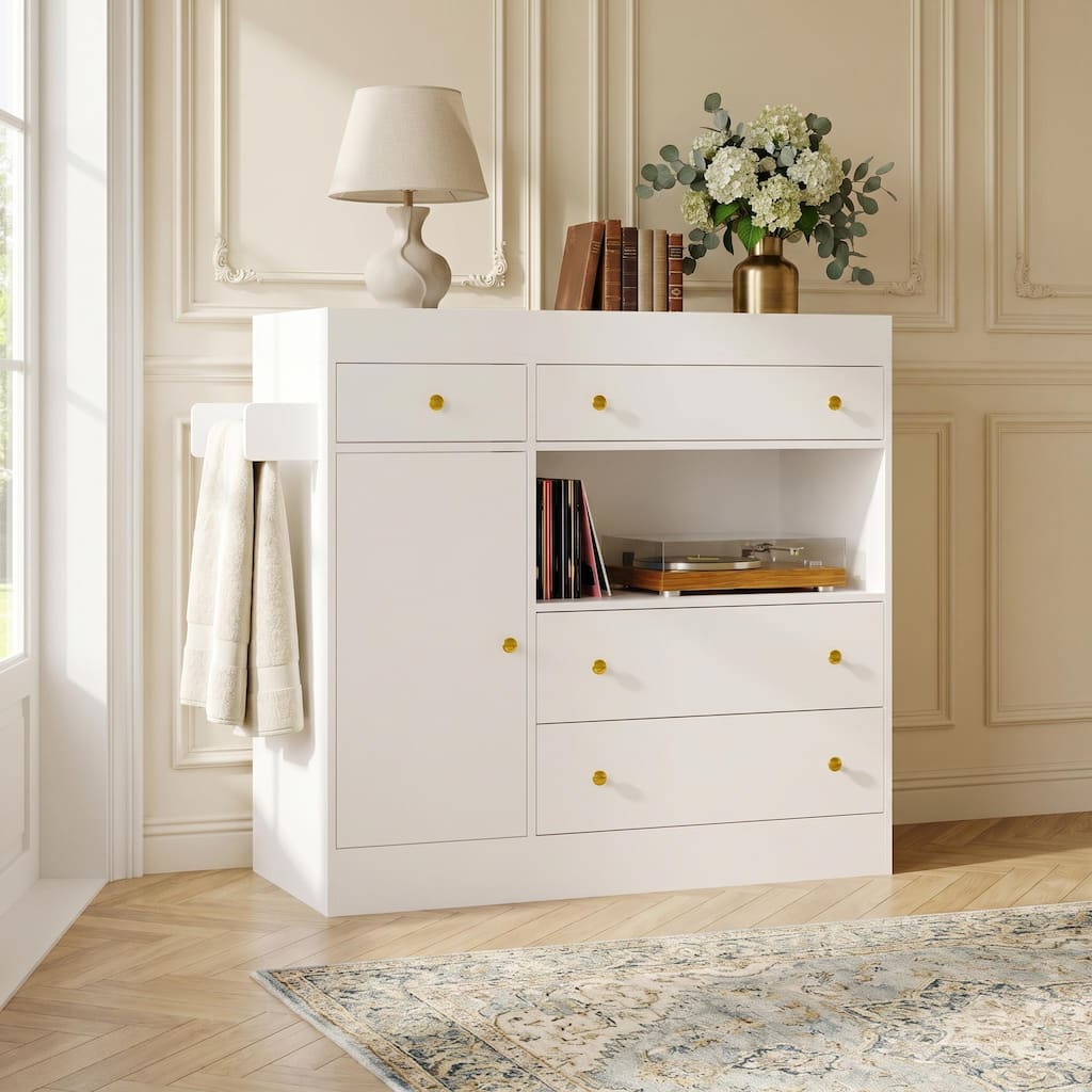 Baby Changing Table Dresser with Drawers & Cabinet, Nursery Storage Organizer with Safety Guard Rail, White Changing Statio