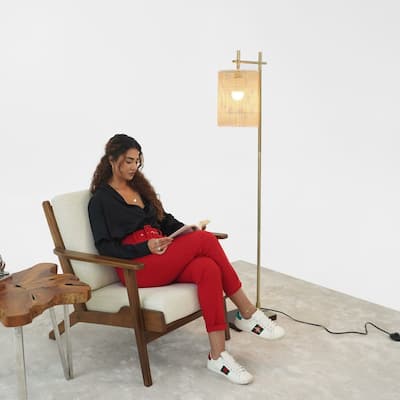 Gattie Brass Floor Lamp with Rattan Shade and Rectangular Base