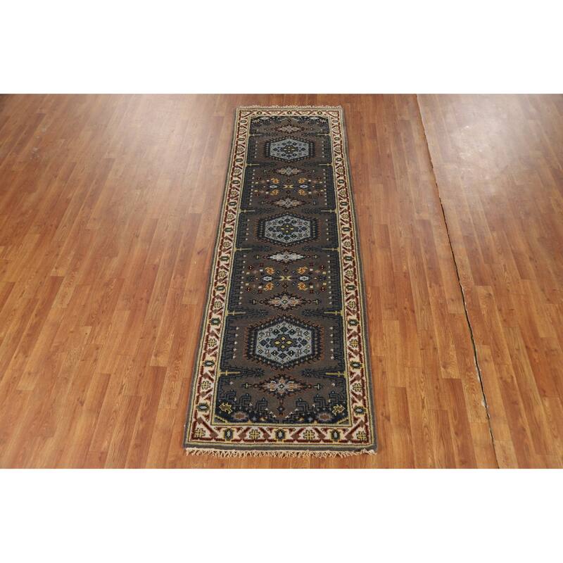 Gray Geometric Viss Indian Runner Rug Handmade Wool Carpet - 2'7"x 8'1"