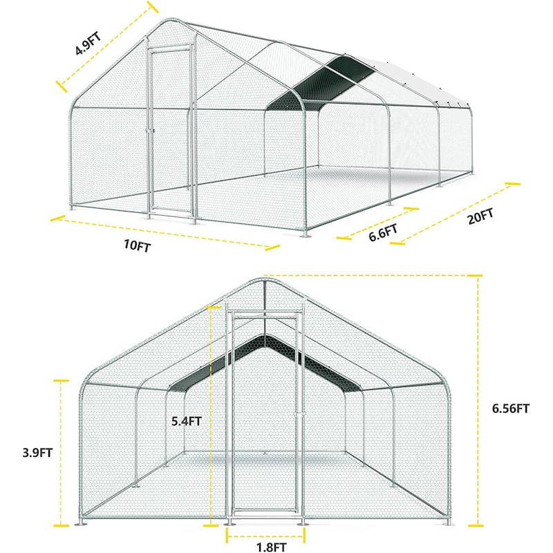 Large Metal Chicken Coop Run with Waterproof Cover - 20’L x 10’W x 6.56’