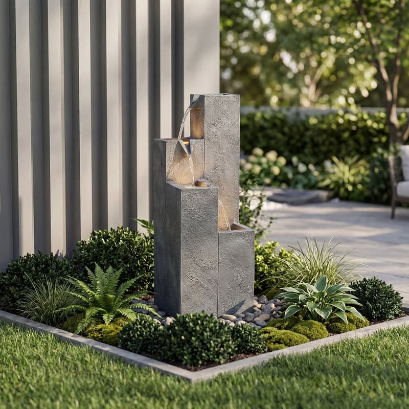 Vbal Modern Minimalist 4-Tier Outdoor Flowing Geometric Floor Fountain with 3 Warm LED Lights