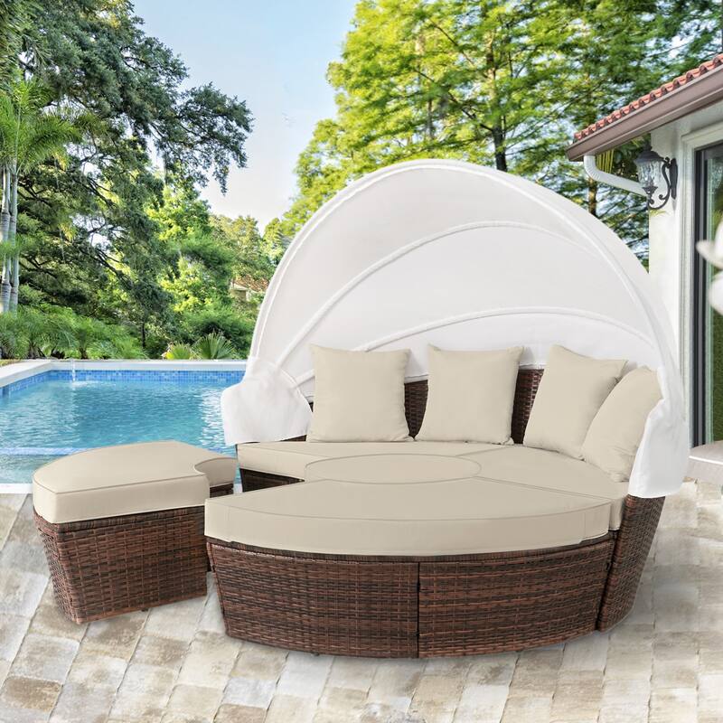 Ledel Wicker Outdoor Daybed 5-piece Sectional Sofa Set With Retractable Canopy and Cushions