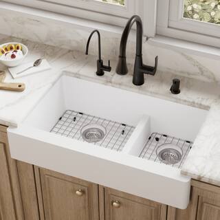 Karran Retrofit Farmhouse Quartz 34 in. Double Bowl 60/40 Sink Kit