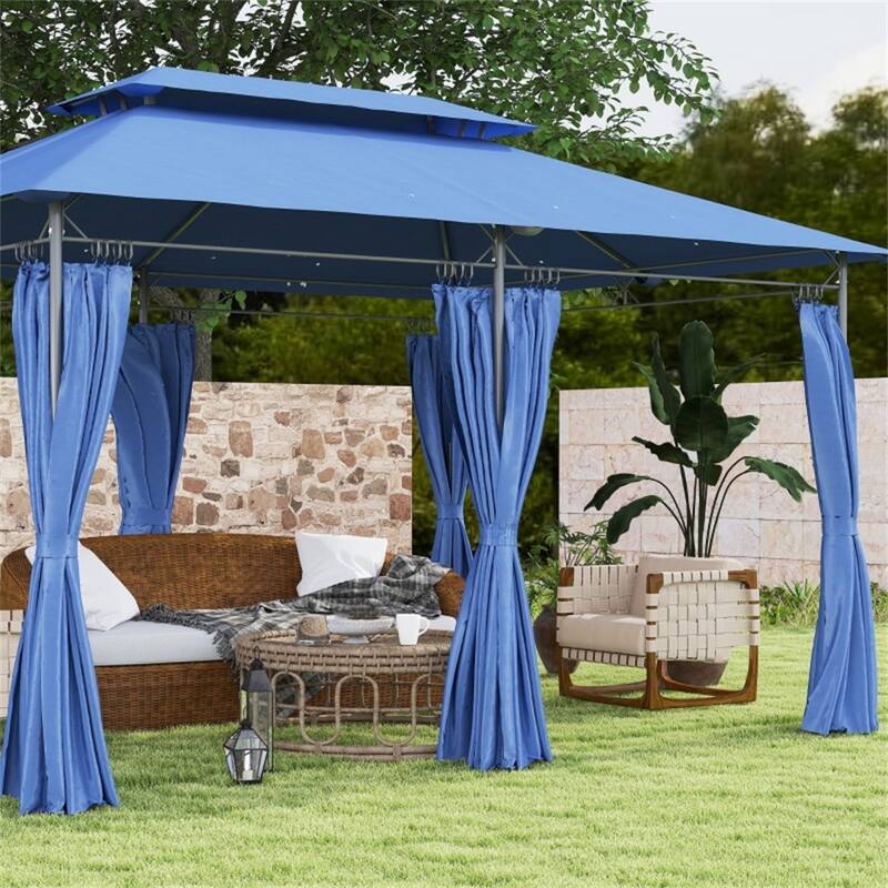 Large Metal Deck Gazebo with Two-Tier Roof and Removable Curtains Water-Drain Design for 12-Person - Blue