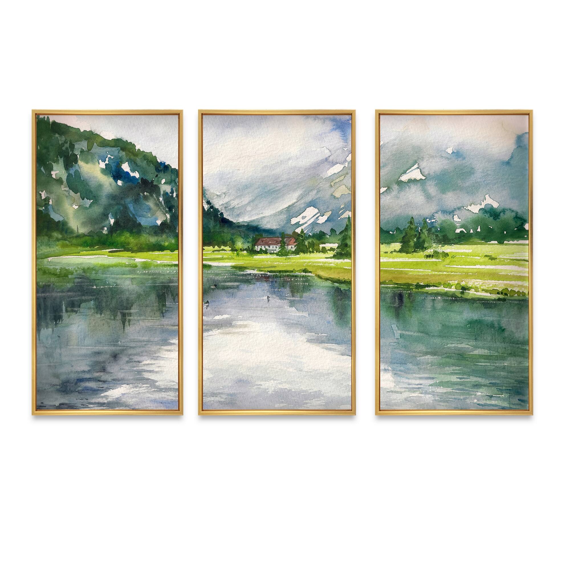 Designart "Summer Landscape With River" Country Framed Wall Art Set of