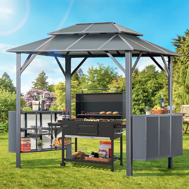 Grill Gazebo with Bar & Shelves, Double Roof BBQ Canopy for Patio, Wind & Weather-Resistant Outdoor Grill Shelter Tent