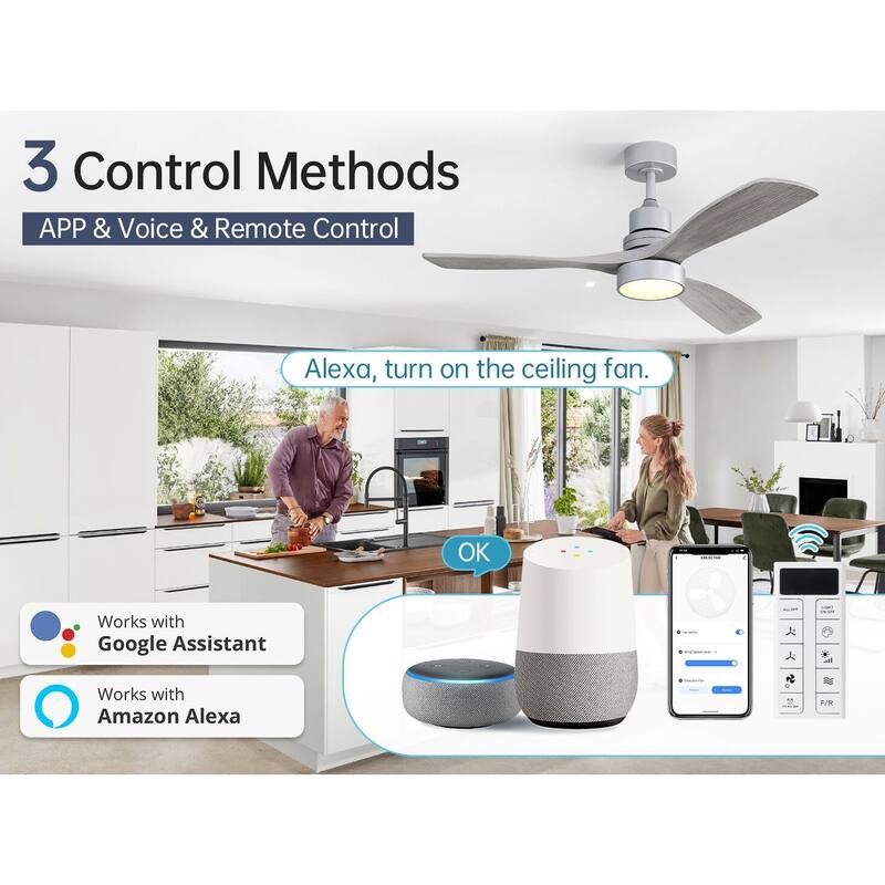 48 Inch Wood Ceiling Fan with Light and Remote/Smart App Control, Dimmable Lights Included