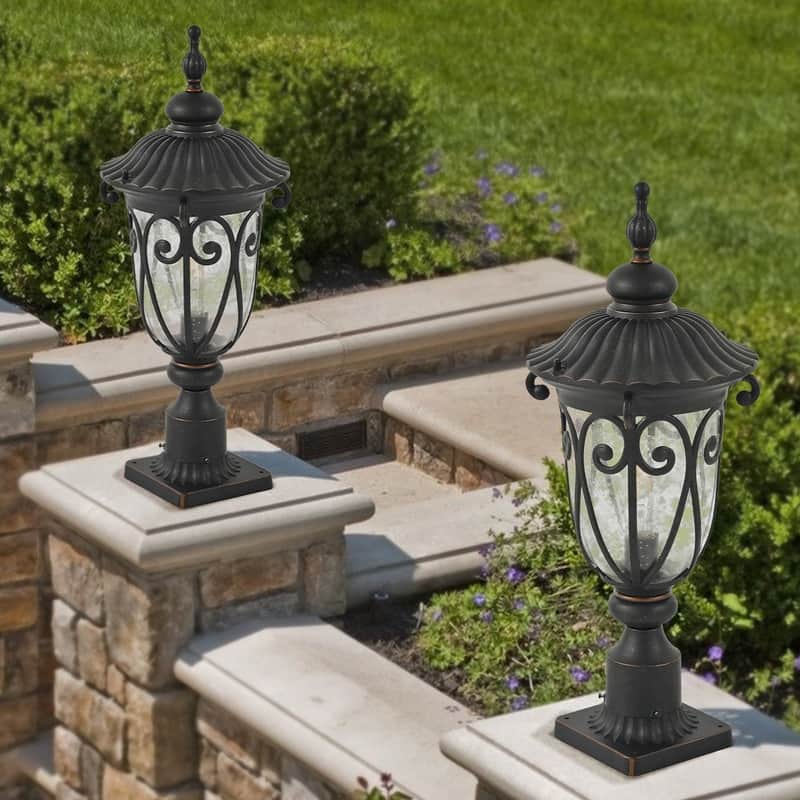 24" Classic Black Outdoor Post Lantern - Single Waterproof Aluminum Light Fixture with Bubble Glass Shade (Bulb Not Included)‌.