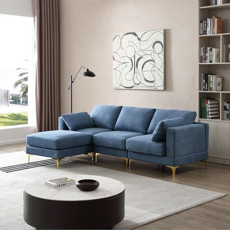 92'' Fabric L-Shape 3-Seater Sofa with Ottoman, Gold Metal Legs, and Toss Pillows